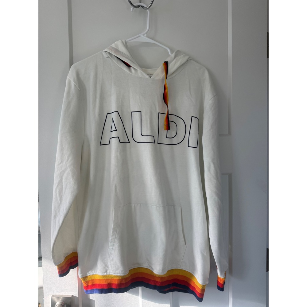 ALDI Gear White Hoodie Rainbow Stripe Accent Logo Hooded Sweatshirt Size L
